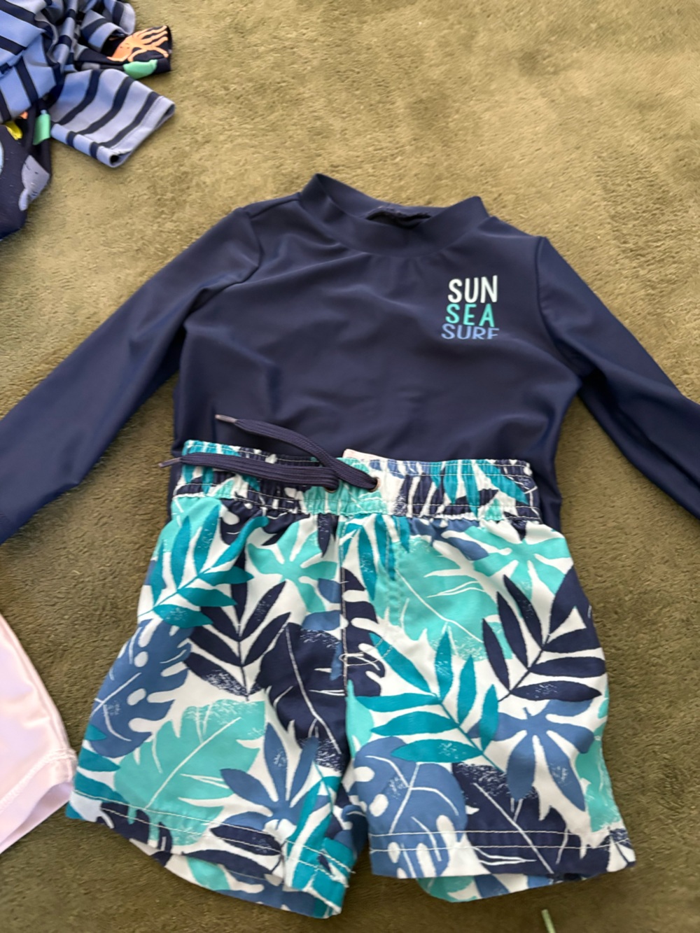 Simple Navy Rashguard Set with Teal and Aqua Leaf Boardshorts